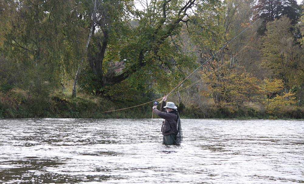 charlie spey casting on the river tweed in autumn